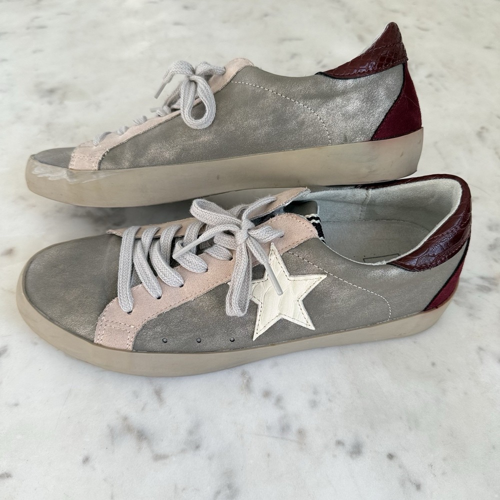 SHU SHOP Paula Womens Star Sneakers Size 8 Metallic Silver Pink Burgundy $89